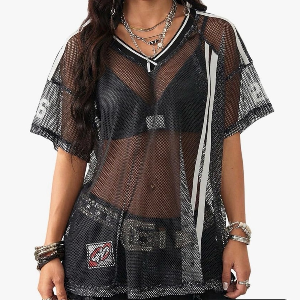 Black Mesh V-Neck Top Striped jersey